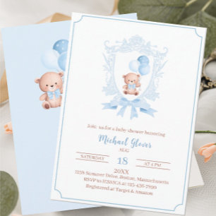 Ein kleines niedliches Baby Duschbad blaue Wappen Einladung