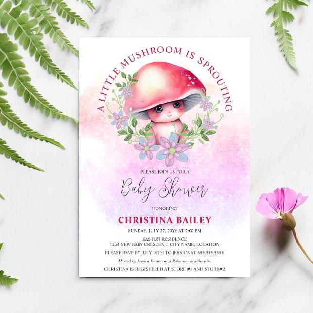 Ein kleines Pilzzimmer verschmutzt die Babydusche Einladung (Cute and adorable baby mushroom sprouting baby shower invitation.)
