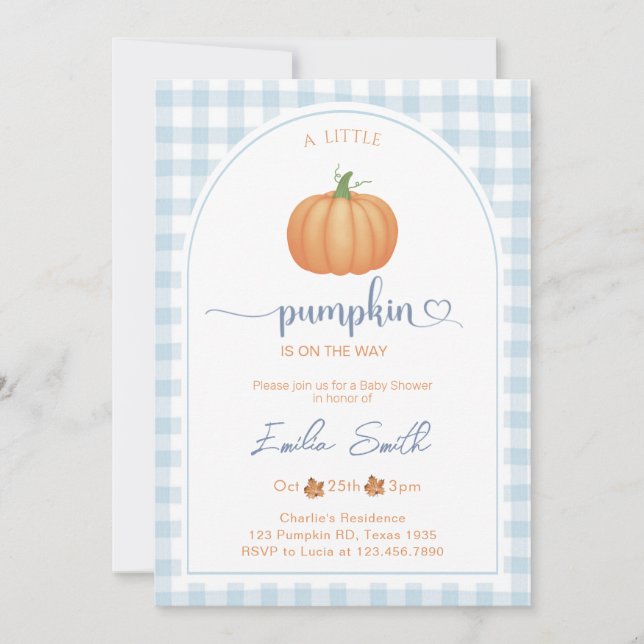 Ein kleines Pumpkin Blue Gingham Autumn Baby Dusch Einladung (Vorderseite)