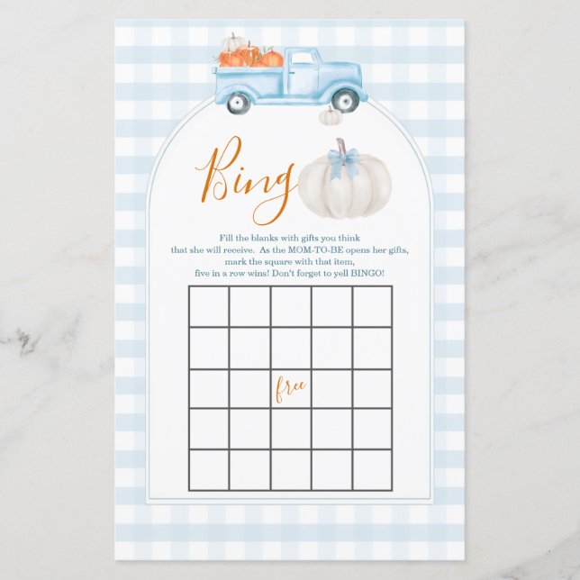 Ein kleines Pumpkin Blue Truck Gingham Bingo Spiel (Vorderseite)