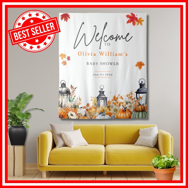 Ein kleines Pumpkin Fall Baby Dusche WELCOME SIGN Wandteppich (A Little Pumpkin is on the Way Fall Autumn Floral Baby Shower WELCOME SIGN Tapestry)