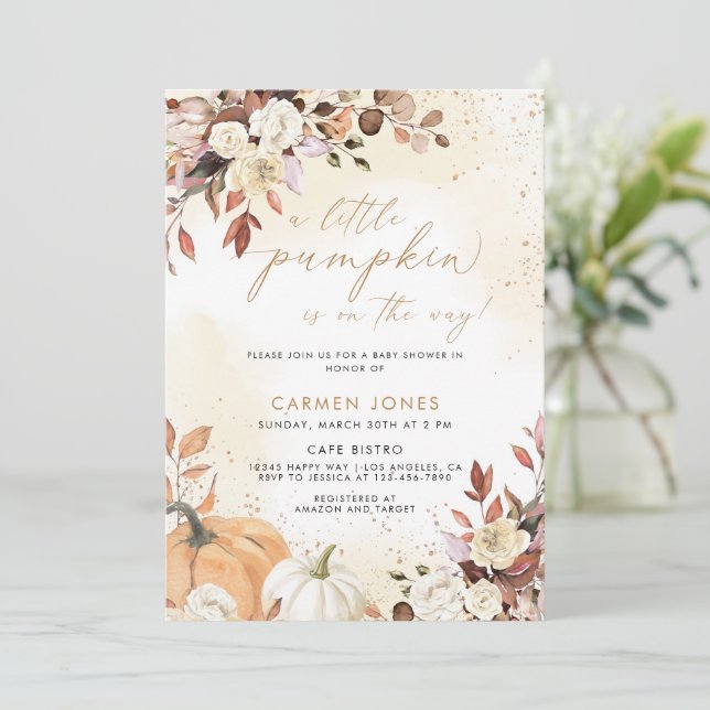 Ein kleines Pumpkin Fall Baby Duschgeschlecht neut Einladung (Stehend Vorderseite)