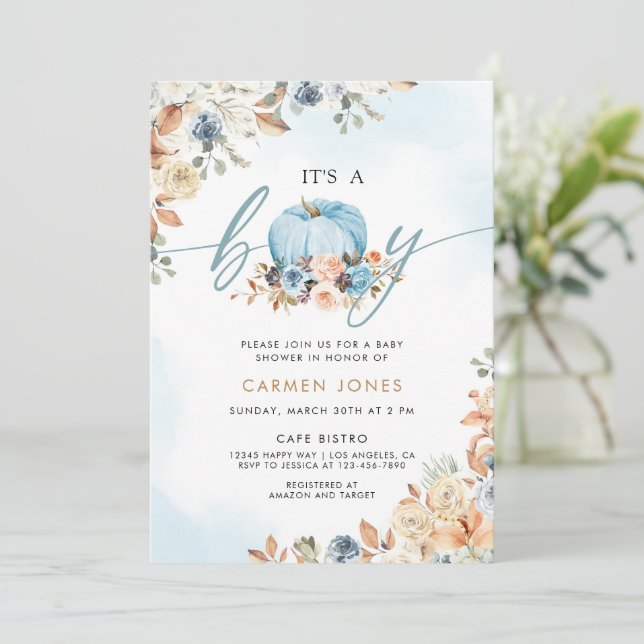 Ein kleines Pumpkin Fall Baby Duschgeschlecht neut Einladung (Stehend Vorderseite)