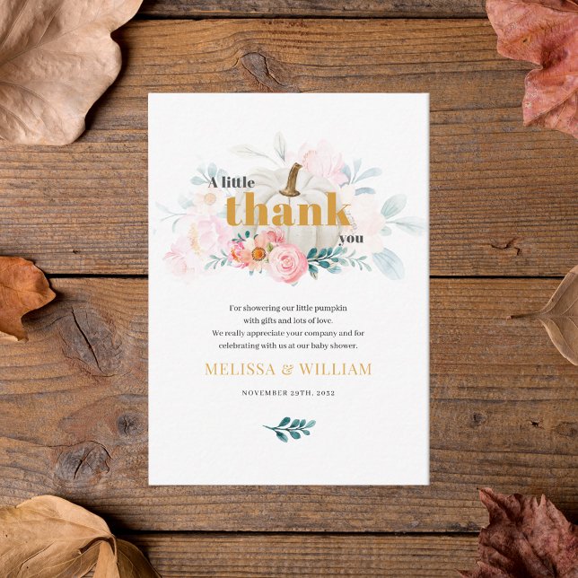 Ein kleines Pumpkin Floral Baby Dusche Vielen Dank Mitteilungskarte (Fall Floral White Pumpkin Baby Shower Thank You Card)