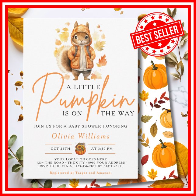 Ein kleines Pumpkin Herbst Herbst SQUIRREL Baby Du Einladung (A Little Pumpkin is on the Way Fall Autumn Squirrel Baby Shower Invitation )