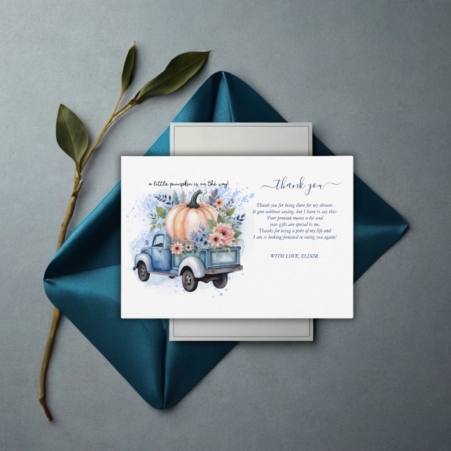 Ein kleines Pumpkin Truck Blue Watercolor Baby Dus Dankeskarte (Von Creator hochgeladen)