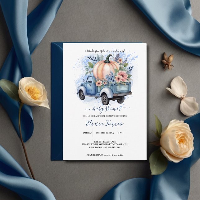Ein kleines Pumpkin Truck Blue Watercolor Baby Dus Einladung (Von Creator hochgeladen)