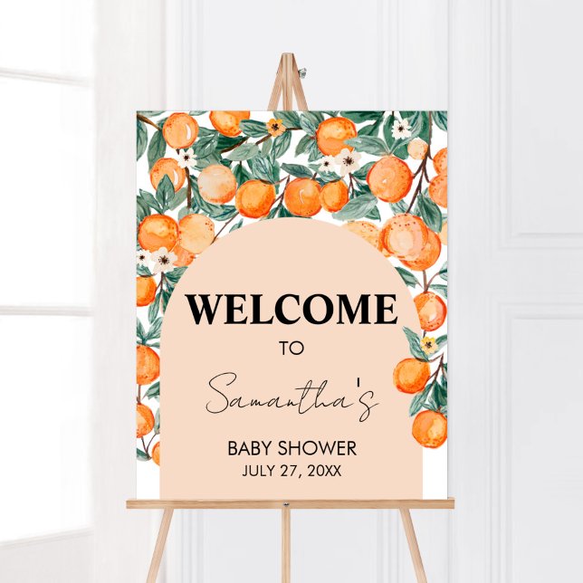 Ein kleines Süsse Orange Willkommenszeichen Poster (Gender Neutral Citrus Baby Shower Welcome Sign)