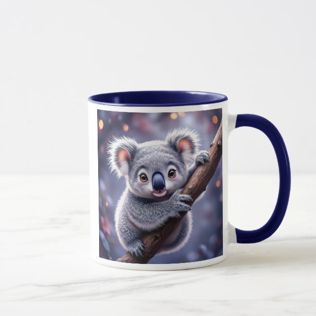 Ein Koala, der an einem Ast festhält, beobachtet d Tasse (Rechts)