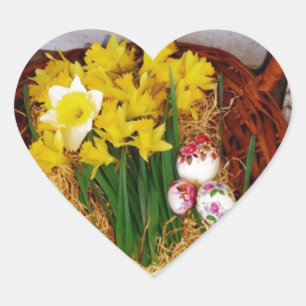 Ein Korb voller gelber Narzissen und florales Oste Herz-Aufkleber