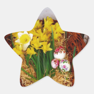 Ein Korb voller gelber Narzissen und florales Oste Stern-Aufkleber