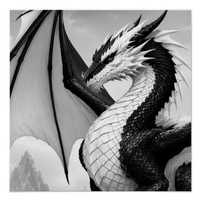 Ein kraftvolles Schwarz-Weiß-Drachendesign mit Poster (Vorderseite)
