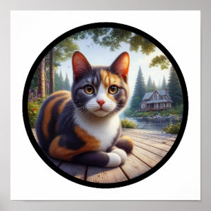 Ein kreisförmiges 3D-Bild einer schönen Calico-Kat Poster