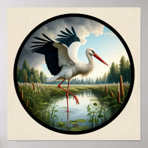 Ein kreisförmiges 3D-Bild eines schönen Weißstorch Poster