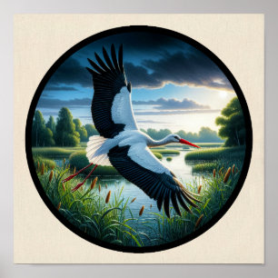 Ein kreisförmiges 3D-Bild eines schönen Weißstorch Poster