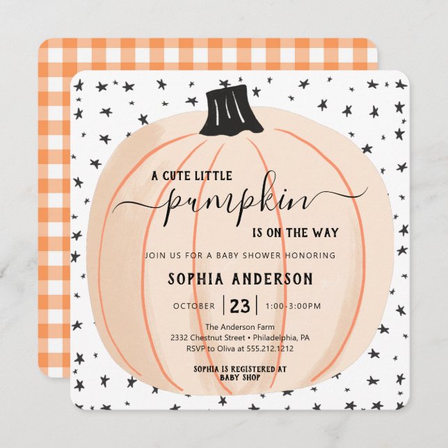 Ein Kürbis ist auf dem Weg zum Kinderduschen Hallo Einladung (Vorne/Hinten)