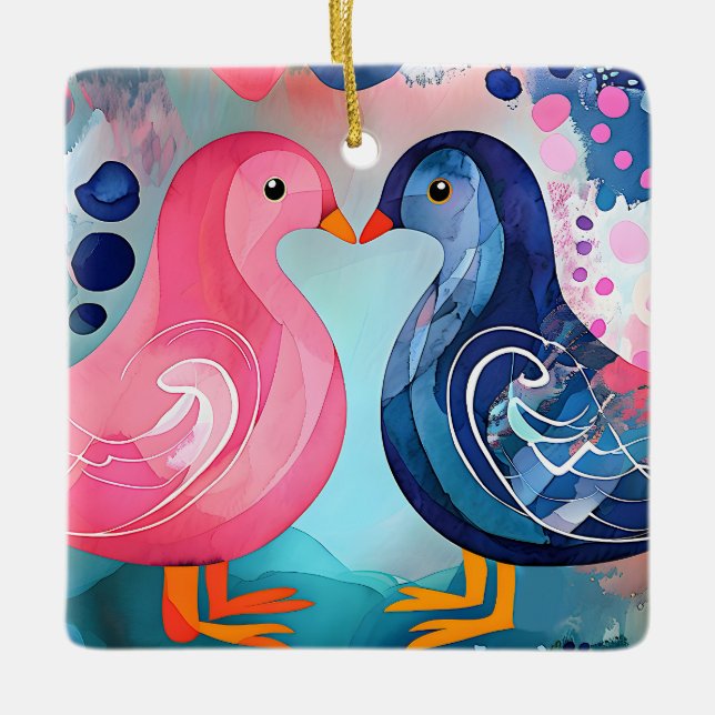 "Ein Kuss in Feathers" Glücklicher Valentinstag Keramikornament (Vorderseite)