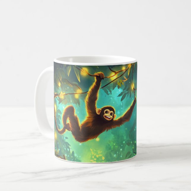 Ein lächelnder junger Affe schwingt durch üppige T Kaffeetasse (Vorderseite Links)