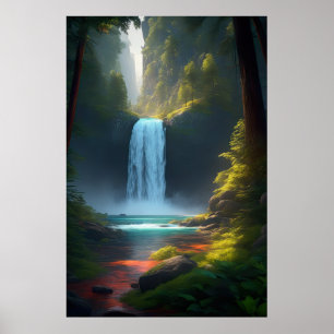 Ein lauter Wasserfall im ruhigen Wald Poster
