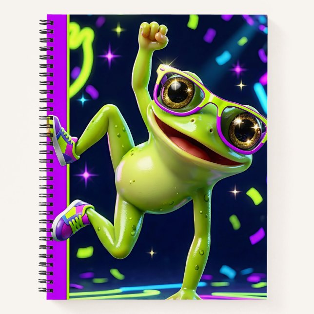 Ein lebendiger grüner Cartoon-Frosch mit einem bre Notizbuch (Vorderseite)