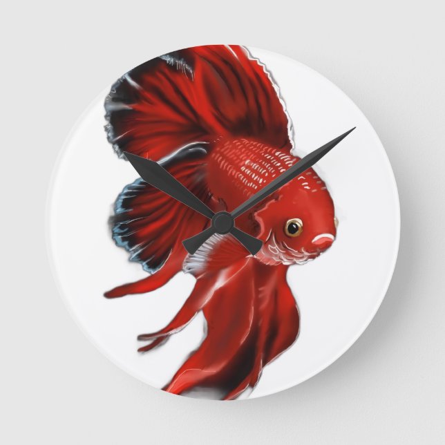 Ein lebendiger roter Kampffisch schwimmt. Runde Wanduhr (Vorderseite)
