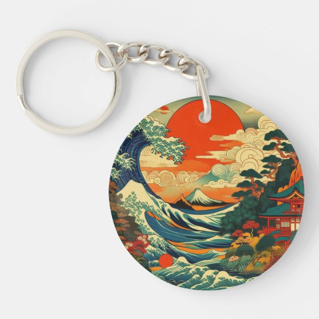 Ein lebendiger, stilisierter Ukiyo-e-Druck Schlüsselanhänger (Vorderseite)