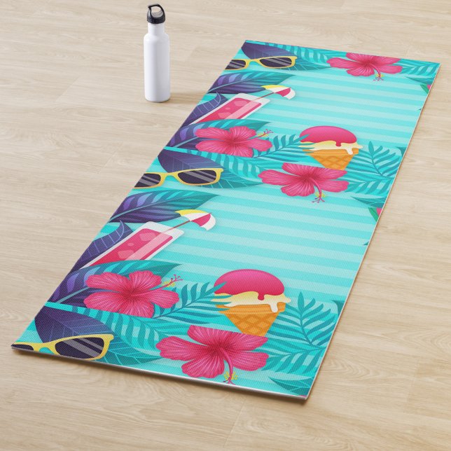 Ein lebendiger Yoga-Mat in tropischer Szene Yogamatte (On a bright turquoise background, there are playful illustrations of sunglasses, a refreshing drink!)