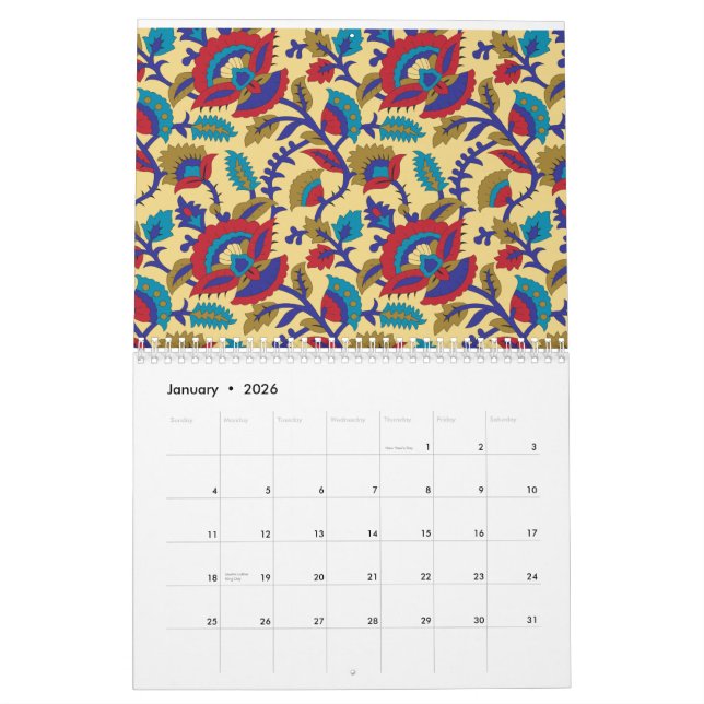 Ein lebendiges Stück Textilkunst mit fett roten Au Kalender (Jan 2026)