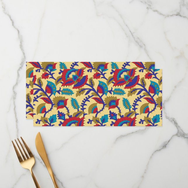 Ein lebendiges Stück Textilkunst mit fett roten Au Menükarte (Vorderseite/Rückseite Beispiel)