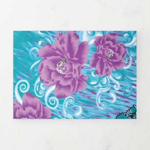 Ein lebendiges Textildesign mit lila und türkis Dreifach Gefaltete Einladung