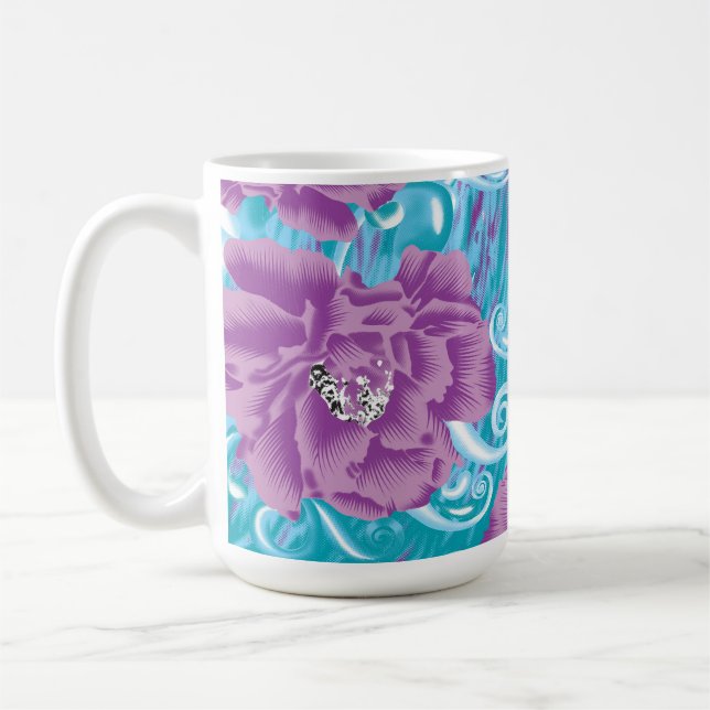 Ein lebendiges Textildesign mit lila und turq-Char Kaffeetasse (Links)