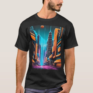 Ein lebendiges und futuristisches Neon Citycape. T-Shirt