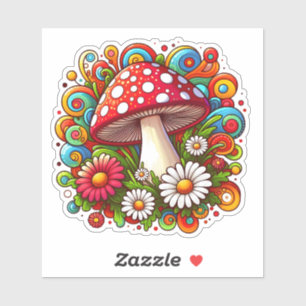 Ein lebhafter Pilz, umgeben von farbenfrohen Blume Aufkleber