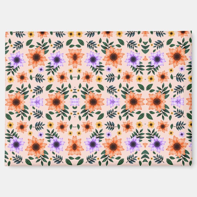 Ein lebhaftes Blumenmuster zeigt orangefarbene  Magnet (Vorderseite)