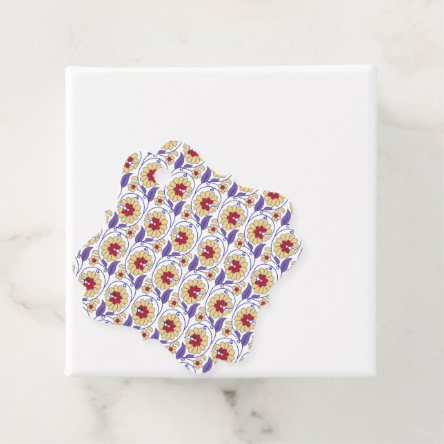Ein lebhaftes Design mit gelbem und orangefarbenem Geschenkanhänger (Beispiel)
