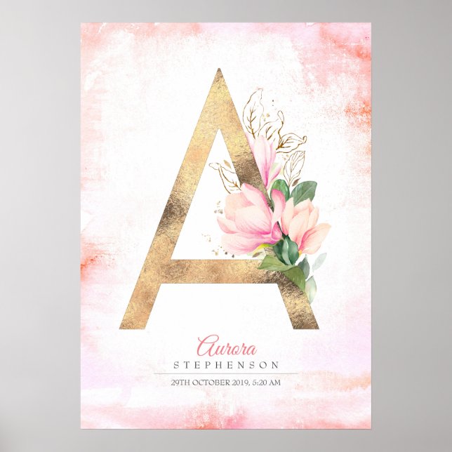 Ein Letter Monogram Gold Verlasse Rosa Magnolia Fl Poster (Vorne)