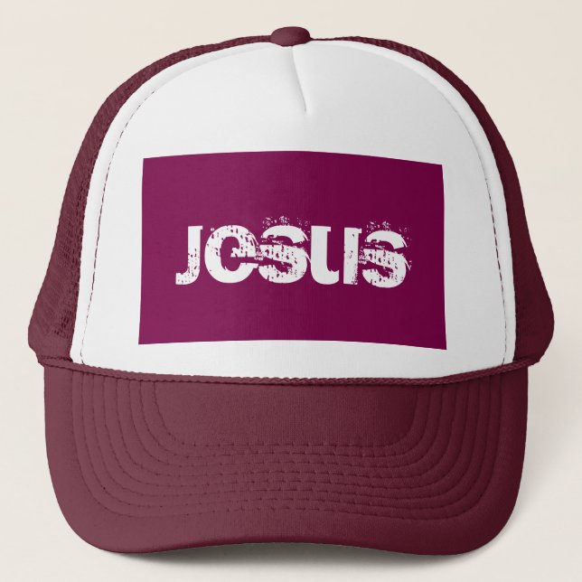 Ein Lila Jesus Trucker Hat Truckerkappe (Vorderseite)