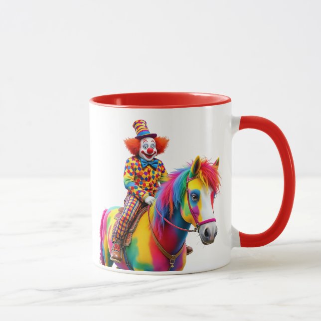 Ein lustiger Clown reitet ein buntes Pferd. Tasse (Rechts)