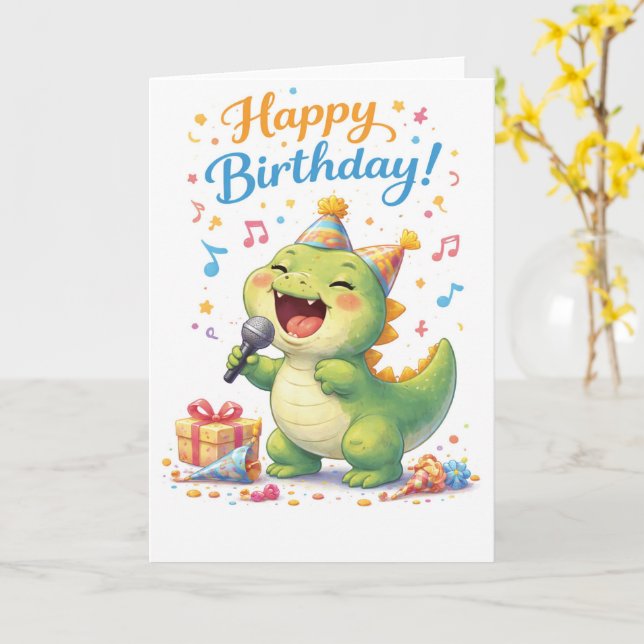 Ein lustiger Dinosaurier singt Alles Gute zum Gebu Karte (Gelbe Blume)