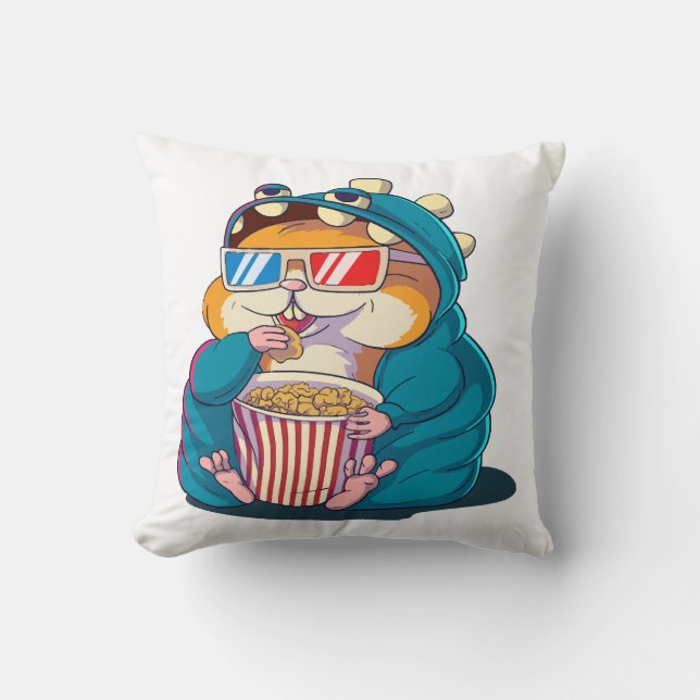 Ein lustiger Hamster mit Brille frisst Popcorn Kissen (Vorderseite)