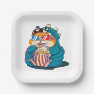 Ein lustiger Hamster mit Brille frisst Popcorn Pappteller