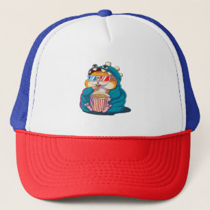 Ein lustiger Hamster mit Brille isst Popcorn Truckerkappe
