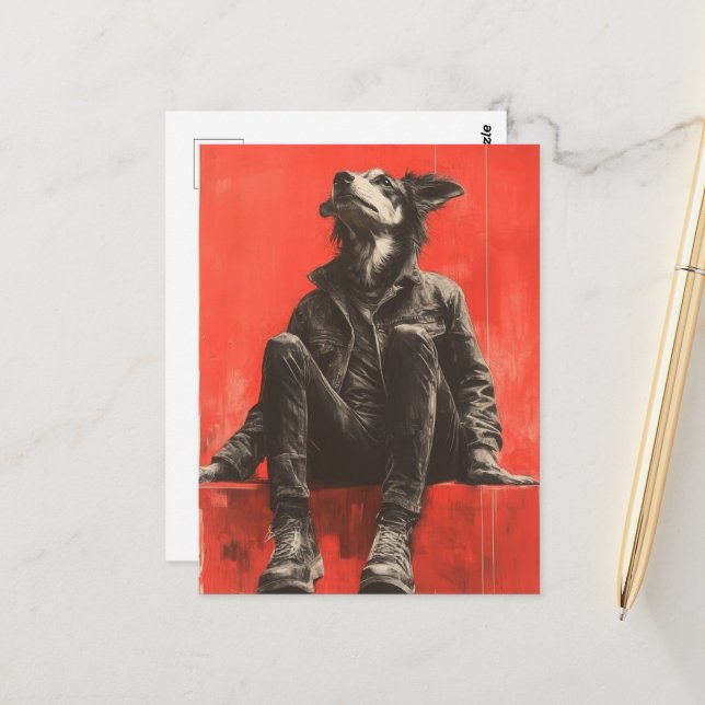 Ein lustiger Teil Hund Teil Mensch in Schwarz Deni Postkarte (Vorderseite/Rückseite Beispiel)