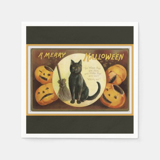 Ein lustiges Halloween Schwarze Katze und Kürbiski Serviette (Vorderseite)