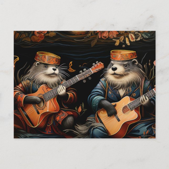 Ein lustiges Paar bezaubernder Otter-Musiker Postkarte (Vorderseite)