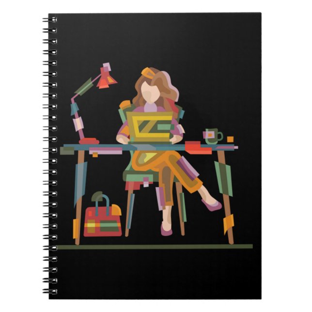 EIN MÄDCHEN ARBEITET IN LAPTOP 96 NOTIZBLOCK (Vorderseite)