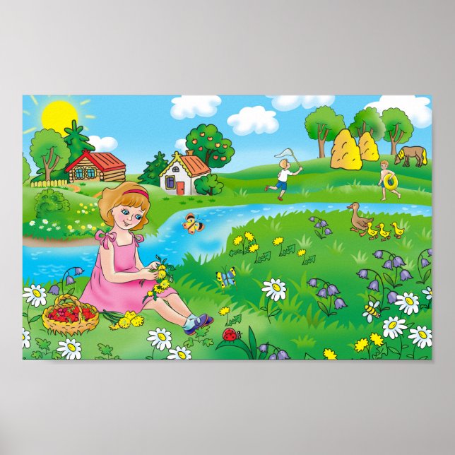 Ein Mädchen auf der Wiese, im Sommer. Poster (Vorne)