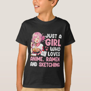Ein Mädchen, das Anime-Ramen und Anime-Skizzen lie T-Shirt