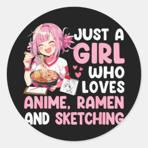 Ein Mädchen, das Anime-Ramen und Anime-Zeichnen li Runder Aufkleber