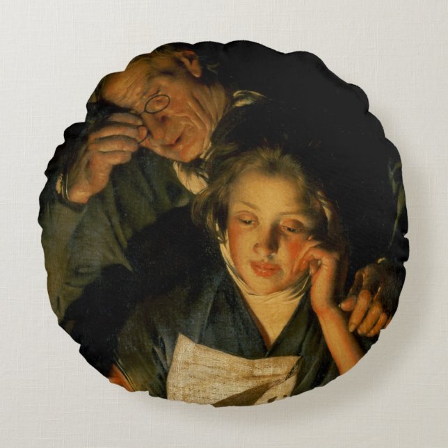 Ein Mädchen, das einen Brief liest Rundes Kissen (Vorderseite)